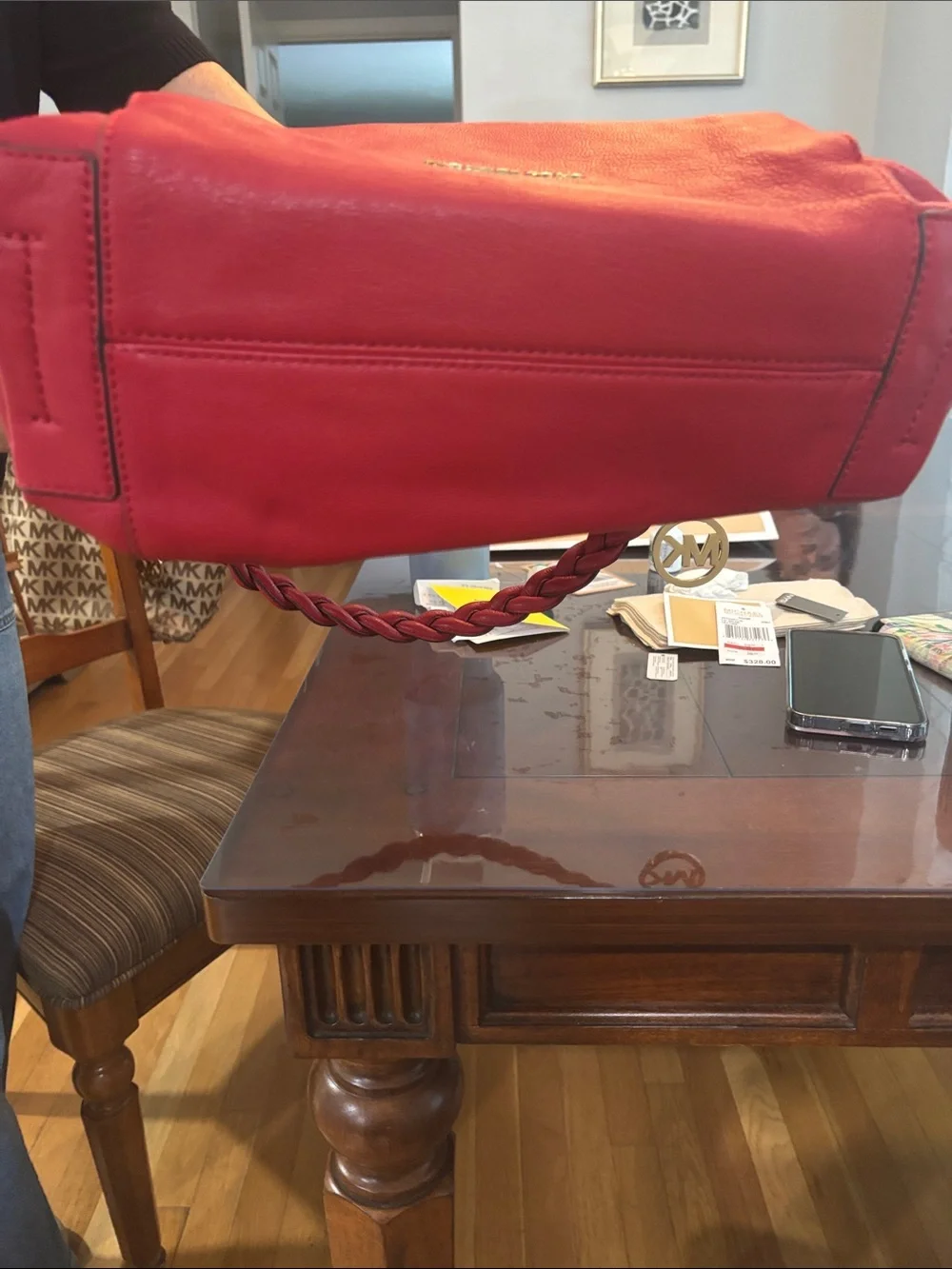 Michael Kors Braided-Handle Red Leather Shoulder Bag with MK Charm
